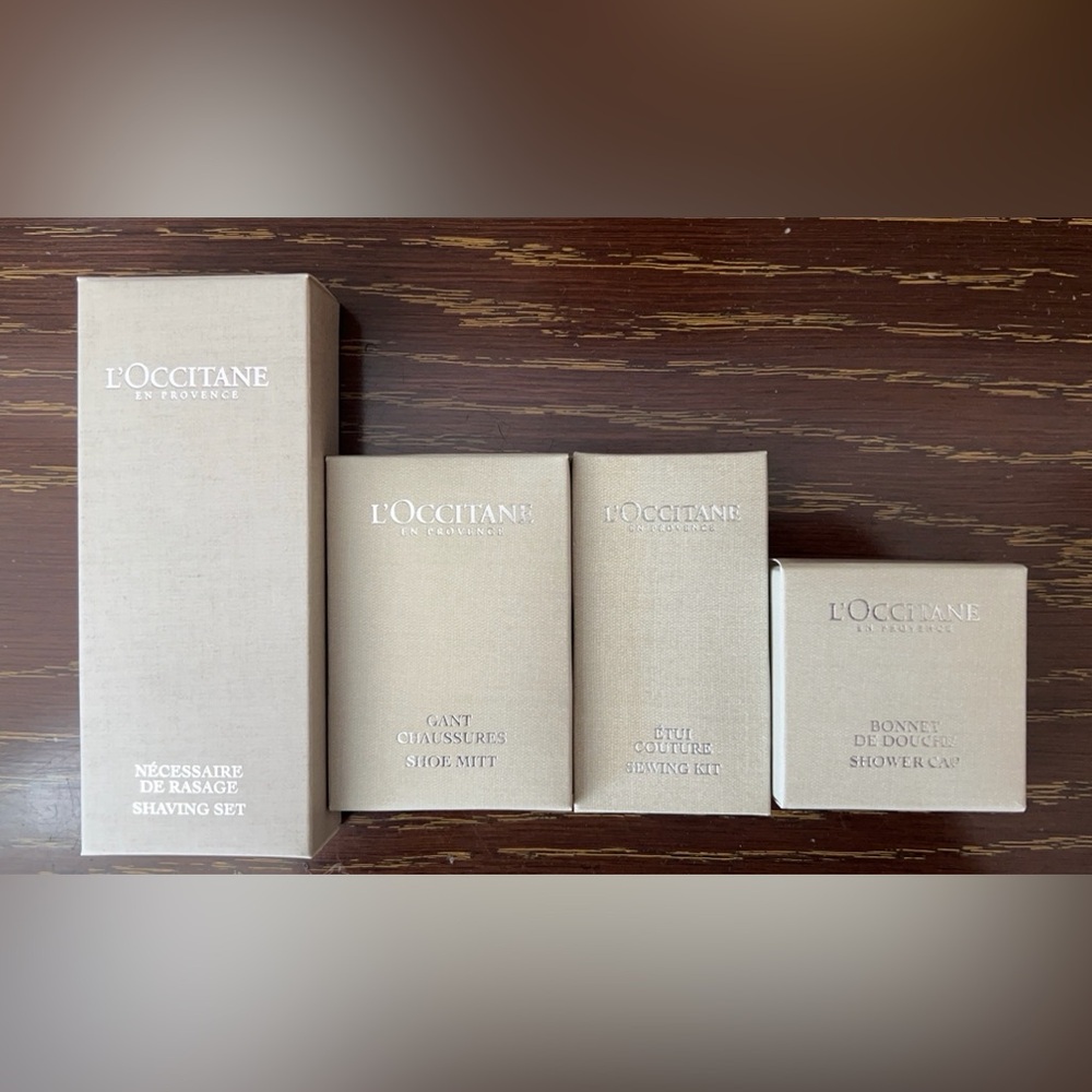 Brand new L’Occitane accessories-shaving set, shoe mitt, sewing kit & shower cap